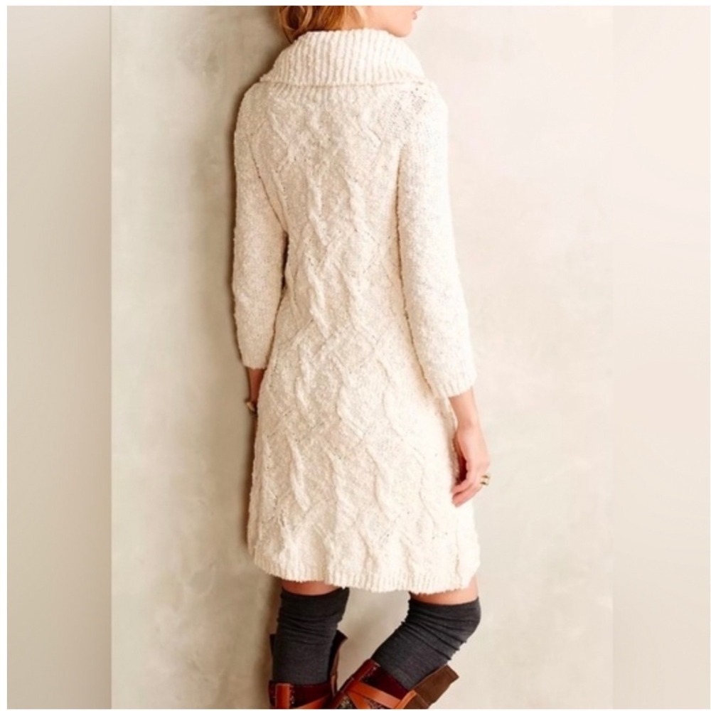 Anthropologie Sleeping On Snow XL Cream Knit Cowl Neck Sweater Pocket Mini Dress - Picture 2 of 10